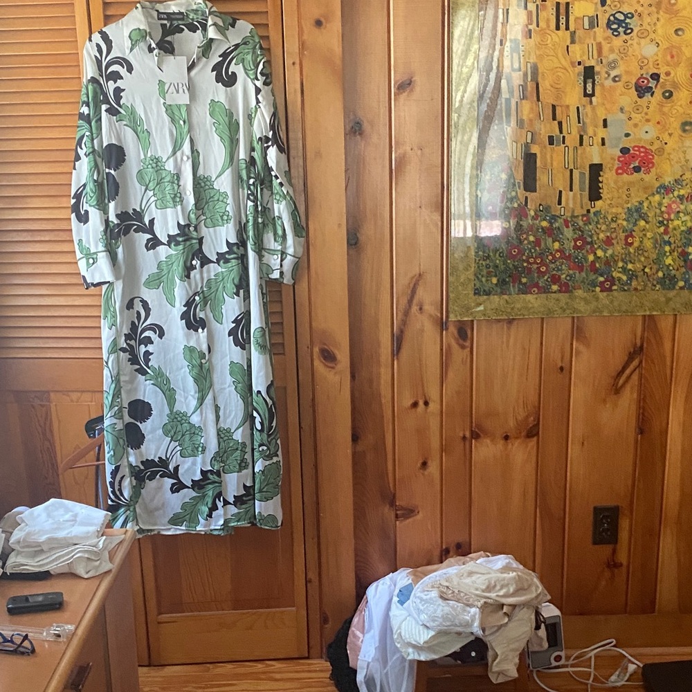 Zara White and Green Botanical Accent nice dress long sleeves